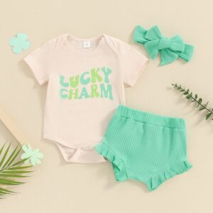 Kids Baby Boys Girls Summer Casual Cute St.Patrick Day Letter Print Short Sleeve Round Neck Romper Shorts Set