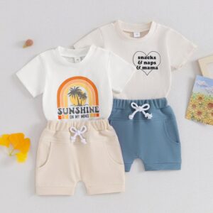 Kids Baby Boys Summer Casual Cute Letter Print Short Sleeve Round Neck T-Shirt Shorts Set