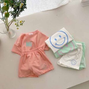 Kids Baby Boys Girls Casual Cute Letter Smiley Print Short Sleeve Round Neck T-Shirt Shorts Set