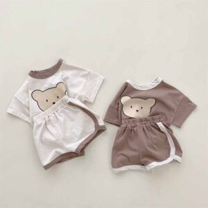 Kids Baby Boys Girls Casual Cute Cartoon Bear Print Short Sleeve Round Neck T-Shirt Shorts Set