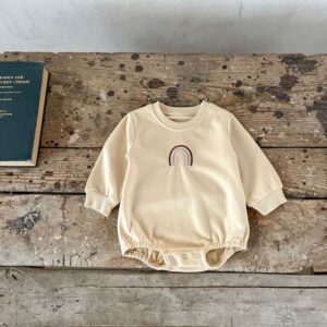 Kids Baby Boys Girls Casual Cute Embroidery Rainbow Stripe Long Sleeve Round Neck Romper