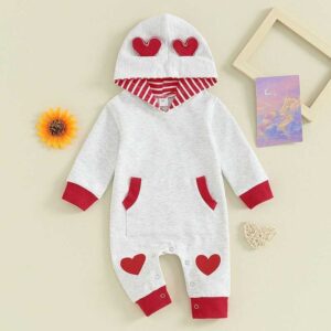 Kids Baby Boys Girls Casual Cute Valentine Heart Print Long Sleeve Hooded Bodysuit