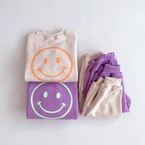 Kids Baby Boys Girls Spring Autumn Casual Cute Smiley Print Long Sleeve Round Neck Sweatshirts Trousers Set