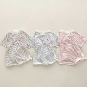 Kids Baby Boys Girls Casual Cute Stripe Smiley Print Short Sleeve Round Neck Top Shorts Set