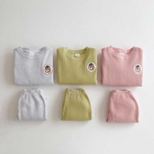 Kids Baby Boys Girls Casual Cute Cartoon Bear Print Waffle Long Sleeve Round Neck Sweatshirts Trousers Set