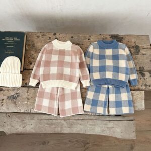 Kids Baby Boys Girls Spring Autumn Casual Cute Playd Print Long Sleeve Round Neck Knitwear Sweater Trousers Set