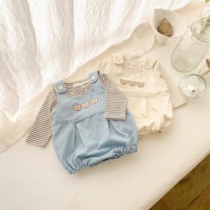 Kids Baby Boys Girls Casual Cute Cartoon Bear Stripe Print Long Sleeve Round Neck T-Shirt Denim Cami Pants Set