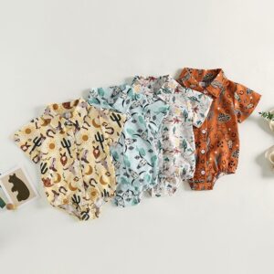 Kids Baby Boys Casual Cute Cactus Cow Head Print Short Sleeve Lapel Romper