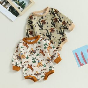 Kids Baby Boys Girls Casual Cute Cactus Print Long Sleeve Round Neck Romper