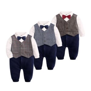 Kids Baby Boys Party Clothing British Style Style Bow Vest Long Sleeve Lapel Shirt Romper Set