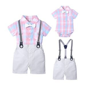 Kids Baby Boys Party Clothing British Style Short Sleeve Plaid Lapel Romper Suspender Pants Set