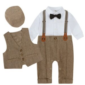 Kids Baby Boys Party Clothing British Style Style Bow Vest Long Sleeve Lapel Shirt Suspender Romper Set