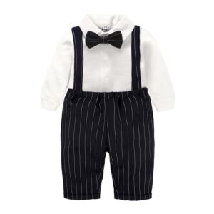 Kids Baby Boys Party Clothing British Style Style Style Solid Color Long Sleeve Lapel Shirt Stripe Suspender Pants Set