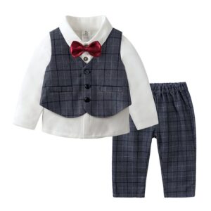 Kids Baby Boys Party British Style Plaid Bow Vest Solid Color Long Sleeve Lapel Shirt Trousers Set