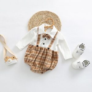 Kids Baby Boys Casual Cute Patchwork Plaid Print Bow Long Sleeve Lapel Romper