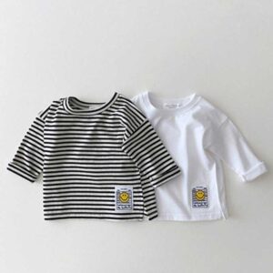 Kids Baby Boys Girls Casual Cute Stripe Smiley Long Sleeve Round Neck T-Shirt