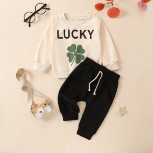 Kids Toddler Boys Girls St. Patrick's Day Casual Cute Cartoon Letters Print Long Sleeve Round Neck Sweatshirts Trousers Set