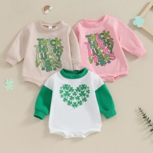 Kids Baby Boys Girls St.Patrick's Day Casual Cute Letters Four-Leaf Clover Print Long-Sleeved Round Neck Romper