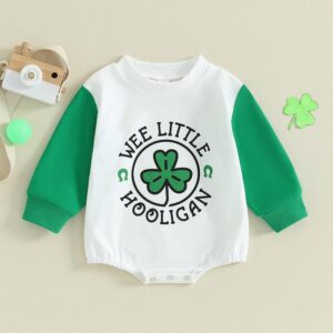 Kids Baby Boys Girls St.Patrick's Day Casual Cute Letters Four-Leaf Clover Print Long-Sleeved Round Neck Romper
