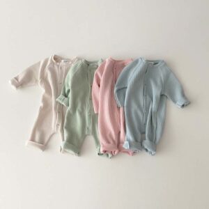 Kids Baby Girls Boys Casual Cute Solid Color Stripe Single-Breasted Long Sleeve Round Neck Romper