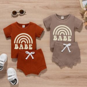 Kids Baby Boys Summer Casual Cute Rainbow Stripe Print Short Sleeve Round Neck T-Shirt Shorts Set