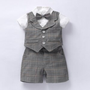 Kids Baby Boys Party Clothing British Style Style Waistcoat Short Sleeved Lapel Romper Shorts Set