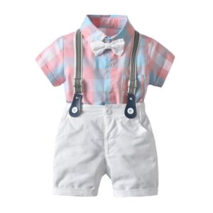 Kids Baby Boys Party Clothing British Style Plaid Short Sleeve Lapel Romper Shorts Set