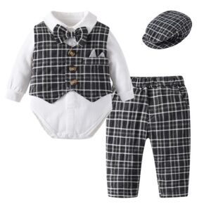 Kids Baby Boys Party Clothing British Style Plaid Waistcoat Long Sleeve Lapel Romper Trousers Set