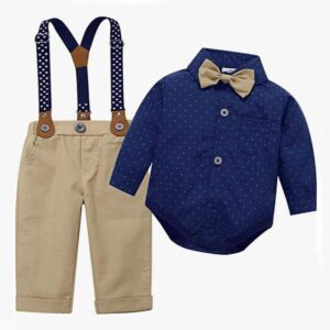 Kids Baby Boys Party Clothing British Style Bow Polka Dot Long Sleeve Lapel Romper Trousers Set