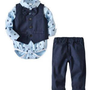 Kids Baby Boys Party Clothing British Style Bow Waistcoat Long Sleeve Lapel Romper Trousers Set