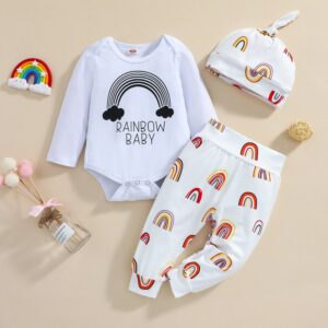 Kids Baby Boys Girls Spring Autumn Casual Versatile Letter Rainbow Stripe Print Long Sleeve Round Neck Romper Trousers Sets