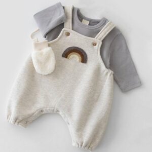 Kids Baby Boys Girls Casual Cute Solid Color Long Sleeve Round Neck Top Rainbow Strip Suspenders Sets