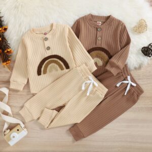 Kids Baby Boys Girls Casual Cute Basic Rainbow Stripe Long Sleeve Round Neck Romper Trousers Sets