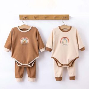 Kids Baby Boys Girls Casual Cute Basic Rainbow Stripe Long Sleeve Round Neck Romper Trousers Hat 3 Piece Set