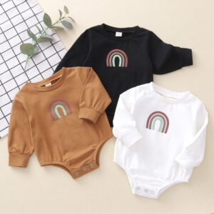 Kids Baby Boys Girls Spring Autumn Casual Cute Rainbow Long Sleeve Round Neck Romper