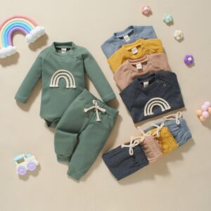 Kids Baby Boys Girls Casual Cute Rainbow Stripe Waffle Long Sleeve Round Neck Romper Trousers Sets