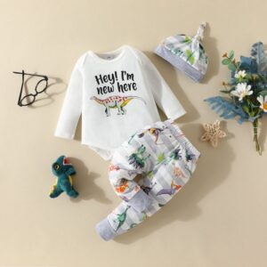 Kids Baby Boys Casual Letters Dinosaur Pattern Long Sleeve Round Neck Romper Trousers Sets