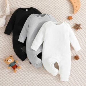 Kids Baby Boys Casual Basic Solid Color Round Neck Long Sleeve Bodysuit 3-Piece Sets