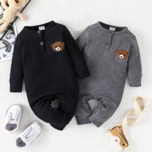 Kids Baby Boys Casual Cute Stripe Bear Embroidery Round Neck Long Sleeve Trousers Romper