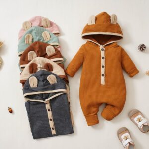 Kids Baby Unisex Spring Autumn Fashion Casual Solid Color Stripe Button Long Sleeve Hooded Romper