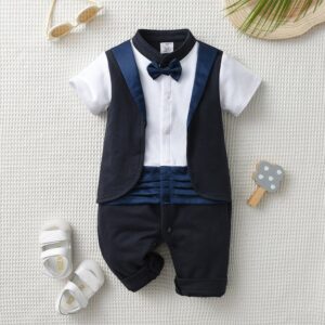 Kids Baby Boys Summer Fashion Casual British Style Bow Waistcoat Shirt Boys Party Clothing Romper
