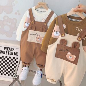 Kids Baby Girls Boys Spring Autumn Fashion Casual Cute Solid Color Letter Carto Bear Pattern Round Neck Sweatshirts Suspender Trousers Set