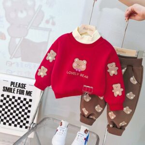 Kids Baby Boys Girls Autumn Winter Fashion Casual Cute Letter Cartoon Bear Thickened Sweatshirts Pants Set
