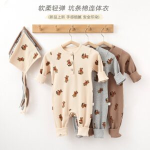 Kids Baby Unisex Spring Autumn Cute Casual Cotton Bear Pattern Button Round Neck Romper
