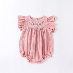 Kids Baby Girls Spring Autumn Cute Casual Solid Color Flower Embroidery Round Neck Romper