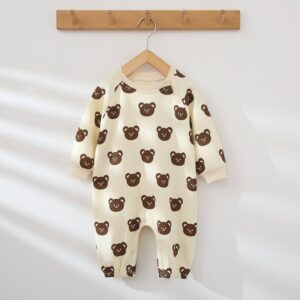 Kids Baby Unisex Spring Autumn Cute Casual Carto Bear Pattern Round Neck Bodysuit