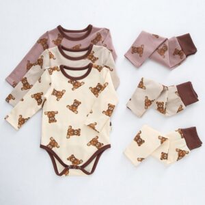 Kids Baby Unisex Spring Autumn Cute Casual Cartoon Bear Pattern Round Neck Romper Set