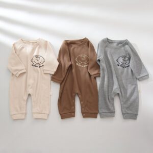 Kids Baby Unisex Spring Autumn Cute Casual Waffle Solid Color Carto Letter Pattern Round Neck Bodysuit