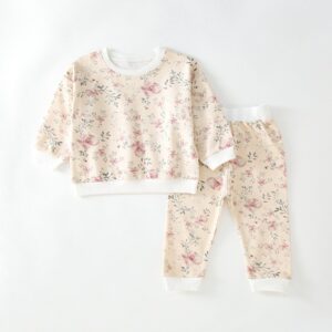 Kids Baby Unis Spring Autumn Casual Cute Cotton Tiny Flower Butterfly Lemon Pattern High Waist Belly Protection Long Sleeve Trousers Round Neck Set