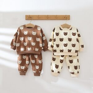 Kids Baby Unisex Spring Casual Cute Cotton Bear Head Pattern Round Neck Long Sleeve Pants Set Romper